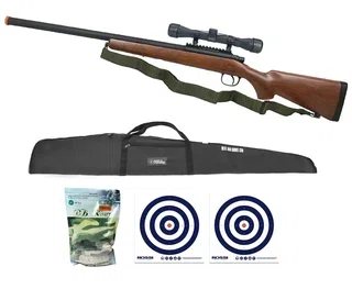 Rifle de Airsoft Sniper Remington M700 Wood VSR10 Spring AGM + BBs + Capa + Luneta 4x32 + Alvos