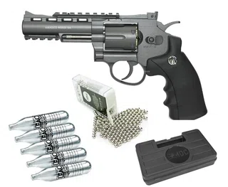 Revolver .38 de Pressão Gas CO2 6 Tiros 4" Oxidado Rossi Full Metal M701 4,5mm Wingun + 5x Cilindro + CO2 + Esfera de Aço 300uni + Maleta/Case