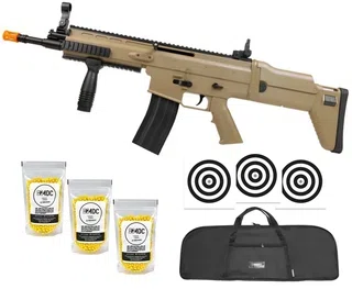 Rifle de Airsoft SCAR-L Tan Spring Mola Cal 6mm Rossi + Capa + BBs + Alvos