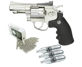 Revolver de Pressão CO2 Full Metal Rossi Niquelado 708S 2,5" 4,5mm + 3x Cilindro + CO2 + Esfera de Aço 300uni