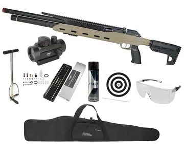 Carabina PCP Semi-Auto M50 Tempesta Desert 5,5mm QGK/SPA Artemis + Red Dot + Bomba + Capa + Kit Limpeza + Alvos + Desengripante + Óculos