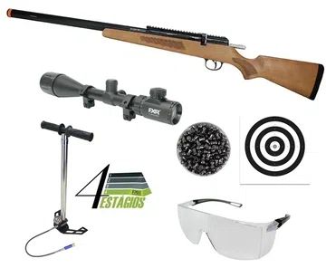 Carabina de Pressão PCP M30 HELLCAT Madeira 5,5mm + Luneta 6-24x50 + Bomba 4 Estágios + Chumbinho + Alvos + Óculos de Segurança