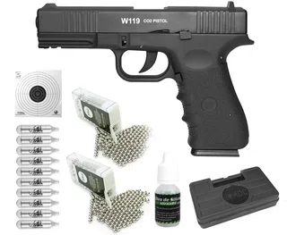 Pistola Pressão Co2 WG Glock W119 Blowback 4,5mm + Co2 + BBs + Case + Alvos + Óleo