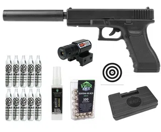 Pistola de Pressão Airgun CO2 G17 Magnum 4,5mm Rossi + CO2 + BBs + Case + Alvos + Emissor + Kamuff
